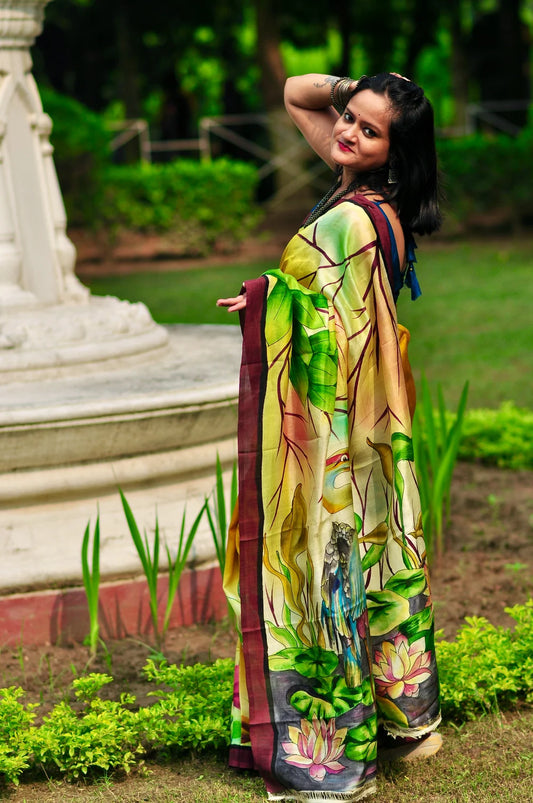 Halud Pushpita – Hand-Painted Murshidabad Silk (Silk Mark Certified)