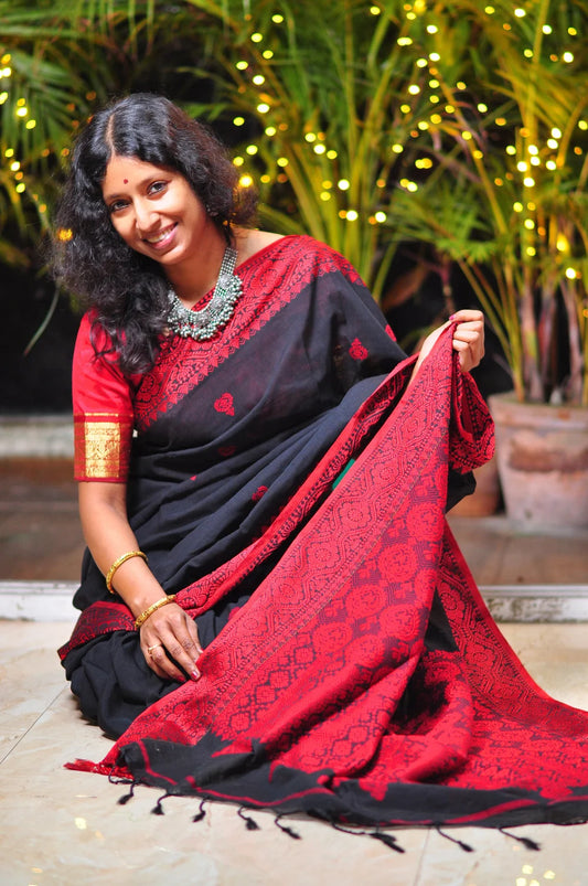 Rudrani - Assam Khadi - Gorgeous Black & Red