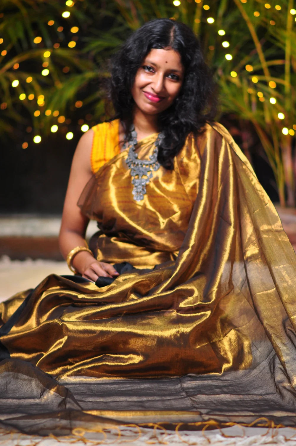 Royal Elegance – Golden Body Black Border Tissue Saree with Matching Blouse Piece ✨