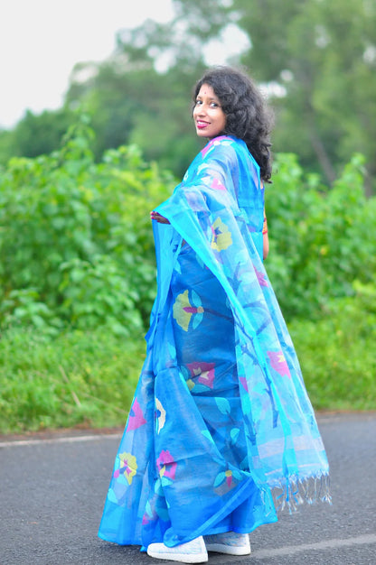 Azure Bloom - Handwoven Tissue Jamdani