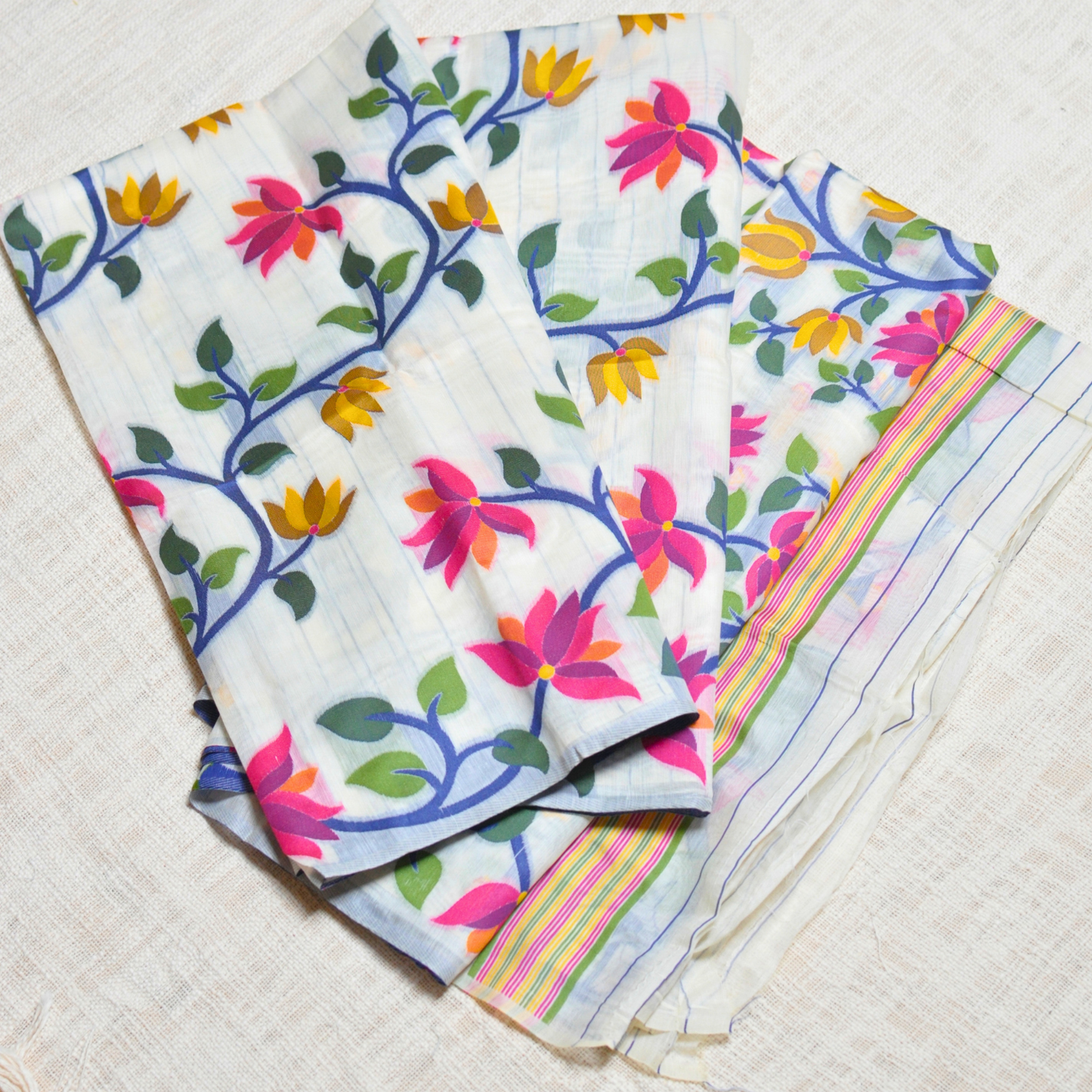 Bloom with Grace – Colorful Floral Khadi Cotton Saree 🌸✨