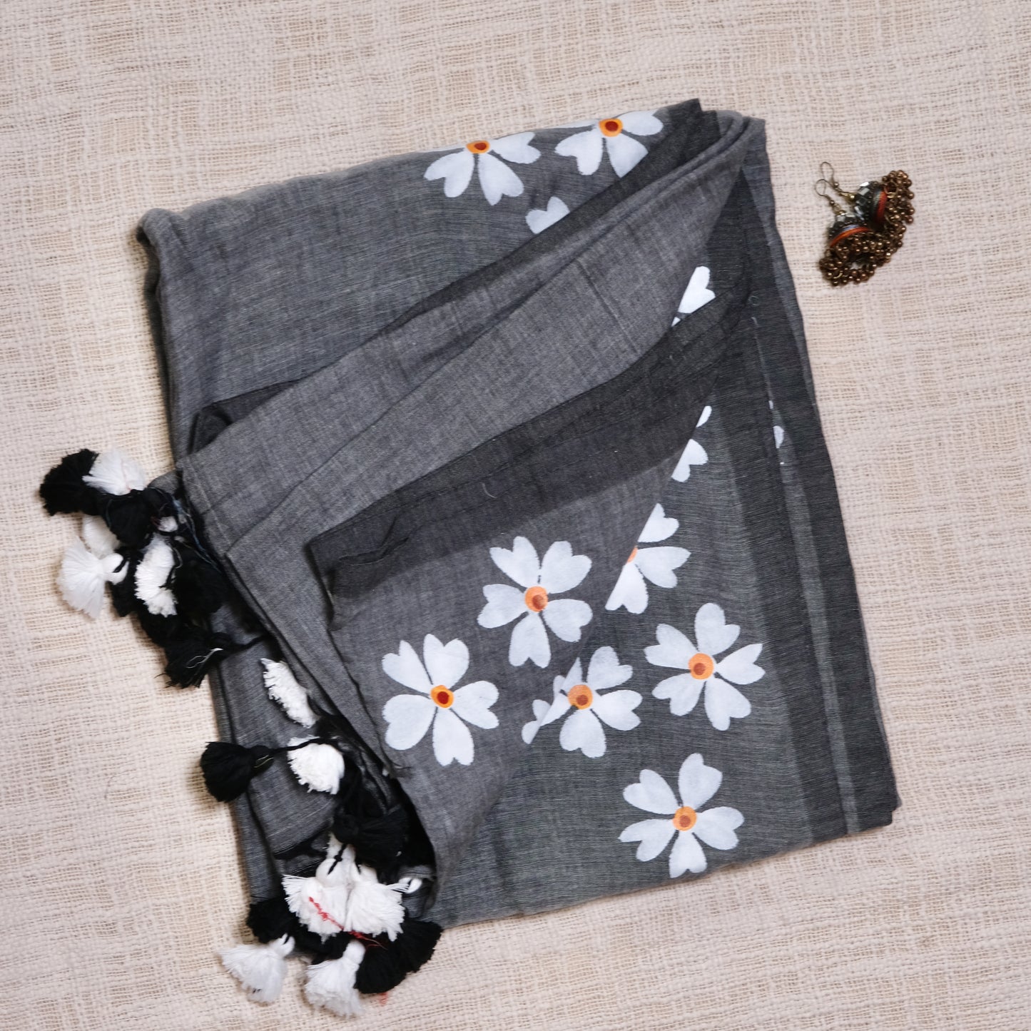 Jasmine - Hand-woven Khadi with hand-painted blooms