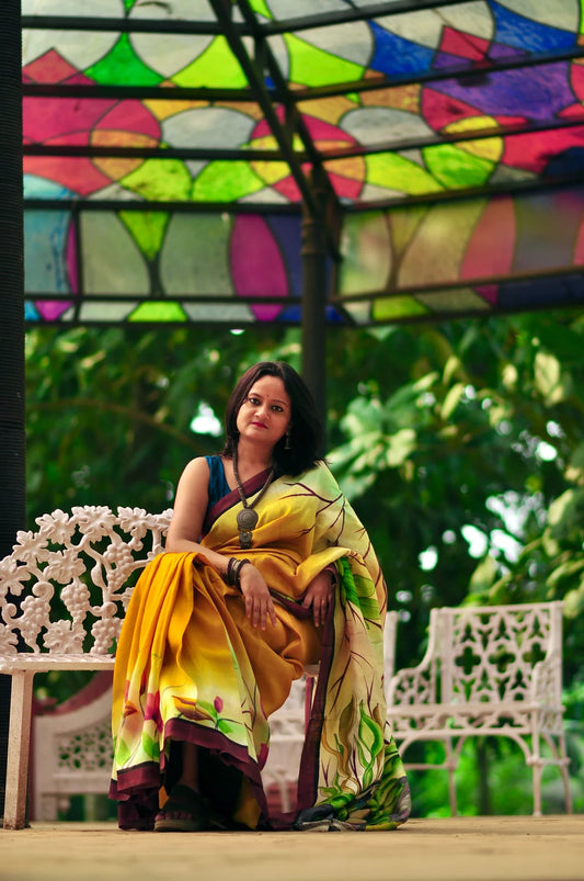 Halud Pushpita – Hand-Painted Murshidabad Silk (Silk Mark Certified)