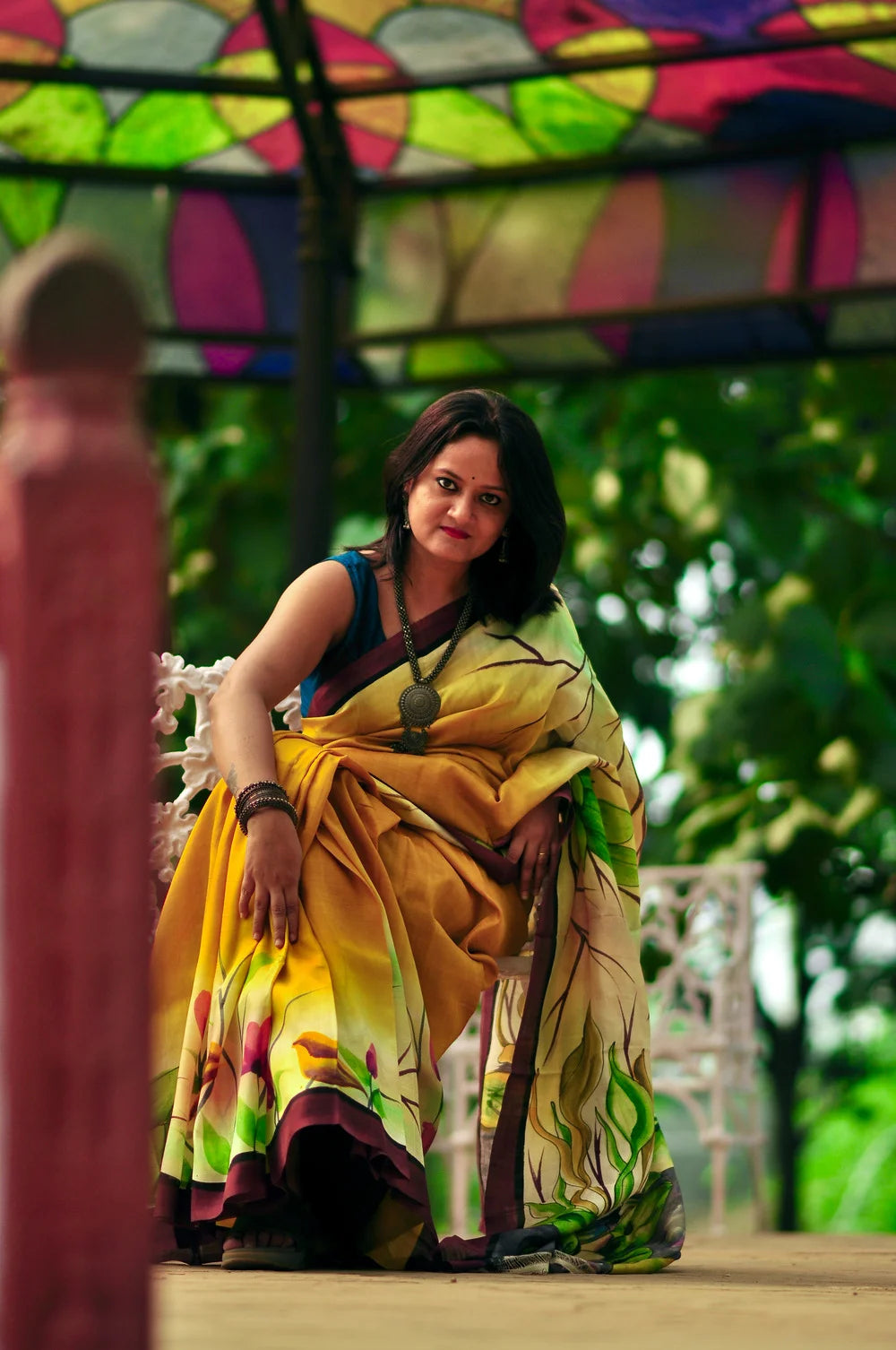 Halud Pushpita – Hand-Painted Murshidabad Silk (Silk Mark Certified)