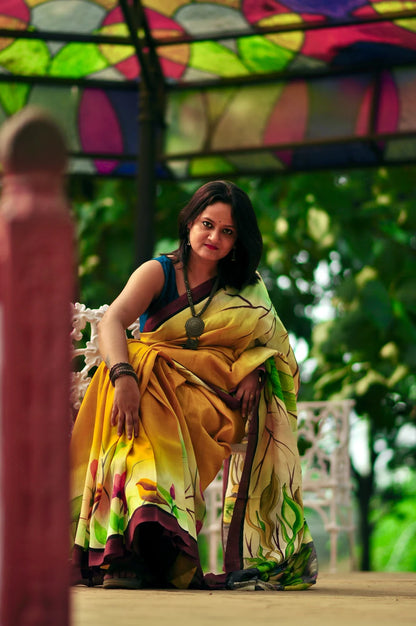 Halud Pushpita – Hand-Painted Murshidabad Silk (Silk Mark Certified)