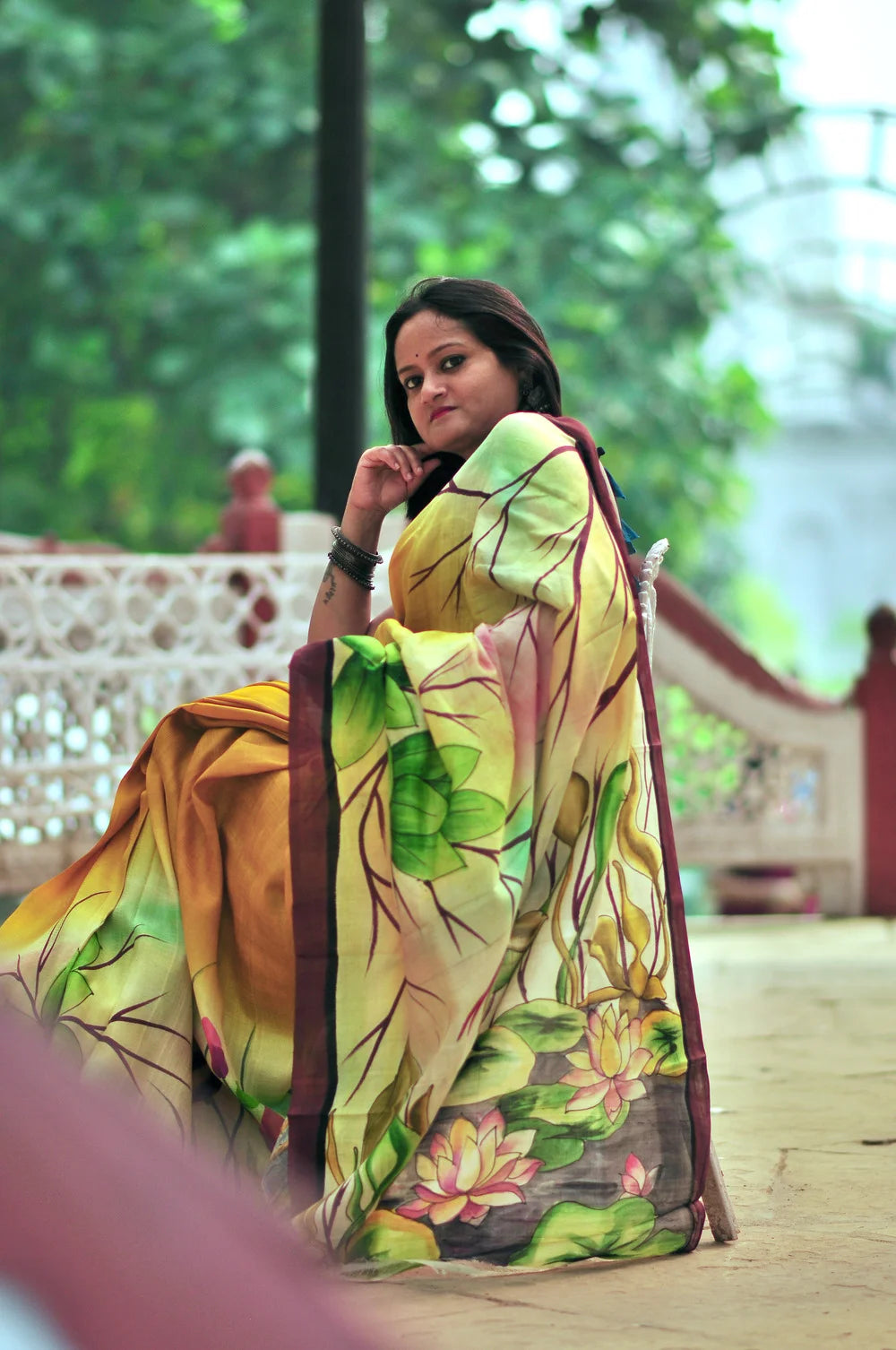 Halud Pushpita – Hand-Painted Murshidabad Silk (Silk Mark Certified)