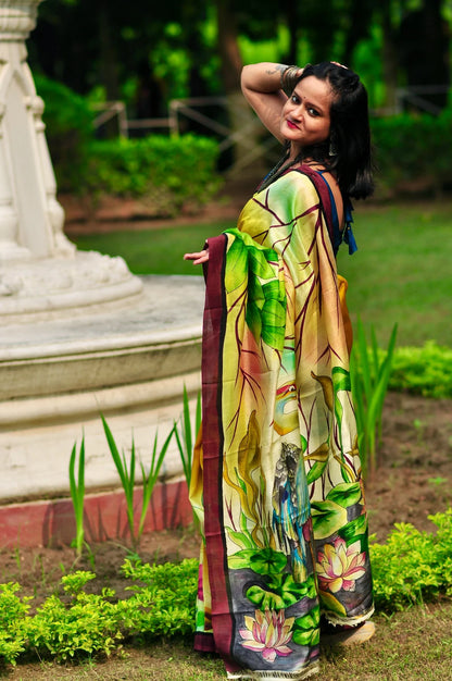 Halud Pushpita – Hand-Painted Murshidabad Silk (Silk Mark Certified)