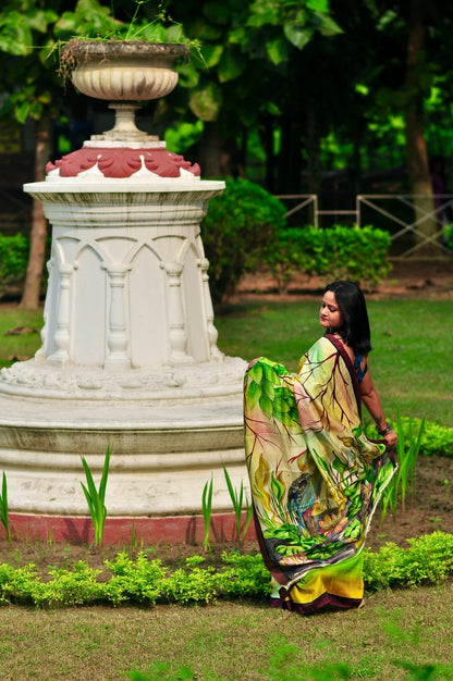 Halud Pushpita – Hand-Painted Murshidabad Silk (Silk Mark Certified)