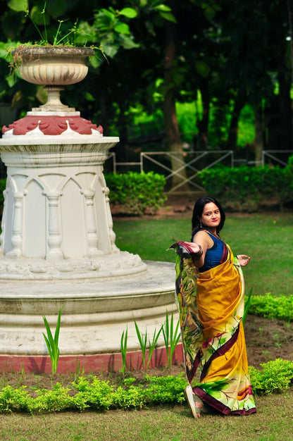 Halud Pushpita – Hand-Painted Murshidabad Silk (Silk Mark Certified)