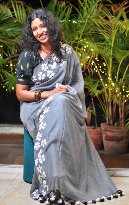 Jasmine - Hand-woven Khadi with hand-painted blooms