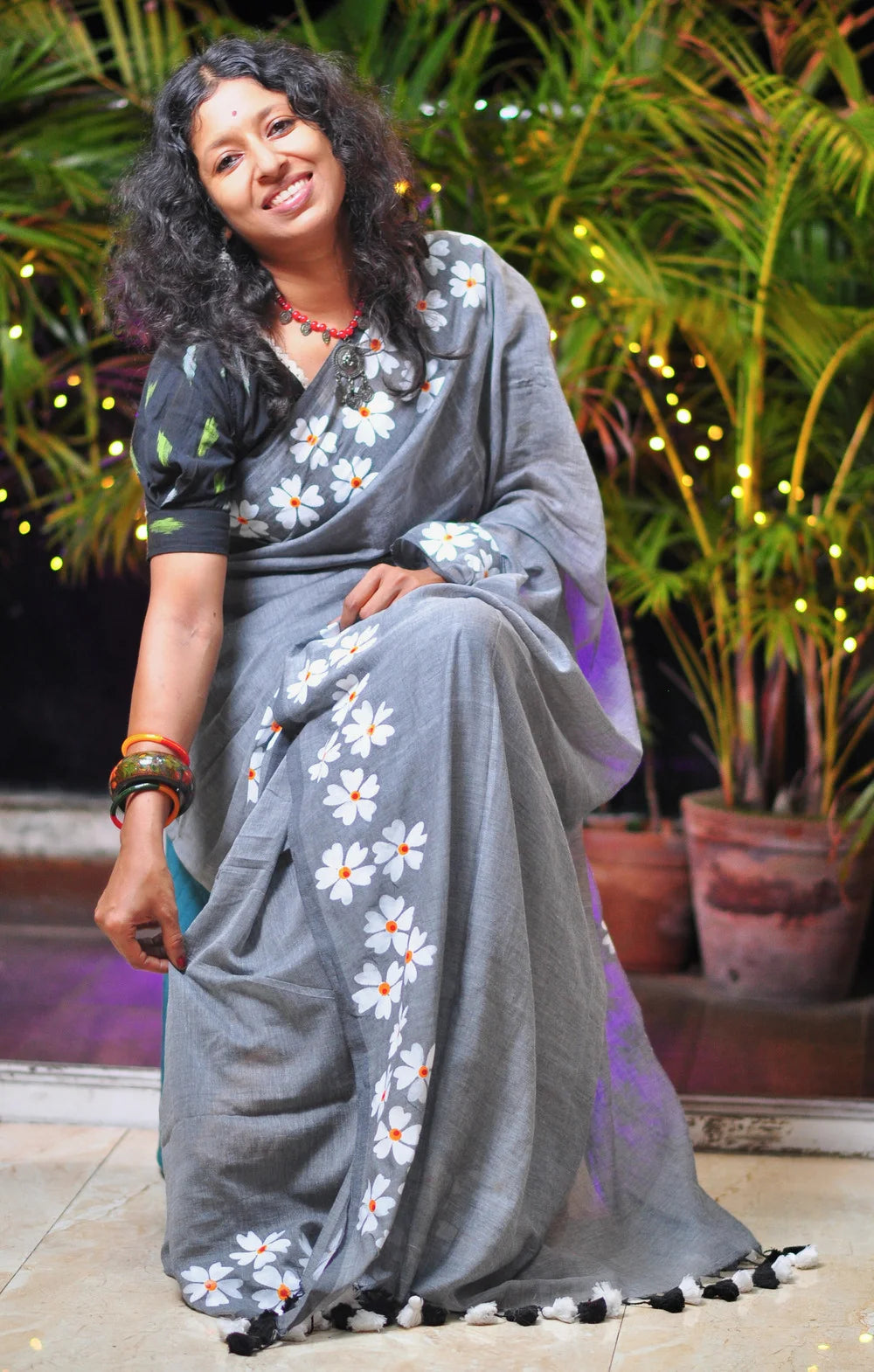 Jasmine - Hand-woven Khadi with hand-painted blooms